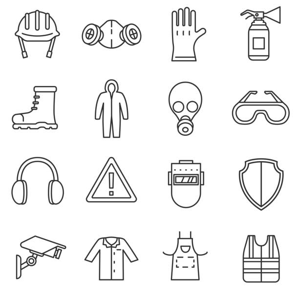 work safety icons set. work safety icons set. means and methods of protection in the workplace, thin line design. safety, linear symbols collection. isolated vector illustration. apron stock illustrations