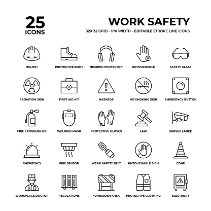 Work Safety Vector Style Editable Stroke Thin Line Icons on a 32 pixel grid with 1 pixel stroke width. Unique Style Pixel Perfect Icons can be used for infographics, mobile and web and so on.