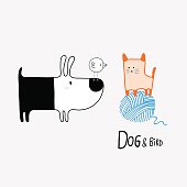 Dog & Bird meeting a Cat, vector illustration