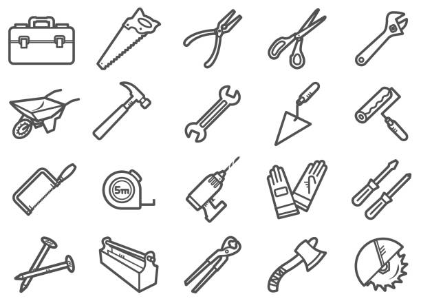 Work Tools Line Icon Set There is a set of icons about work tools in the style of Clip art. nail work tool stock illustrations