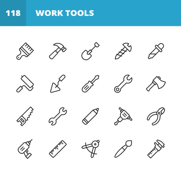 Work Tools Line Icons. Editable Stroke. Pixel Perfect. For Mobile and Web. Contains such icons as Wrench, Saw, Work Tools, Screwdriver, Screw, Paintbrush, Shovel, Chainsaw, Ruler, Axe, Hammer, Drill, Ruler, Equipment, Pencil, Saw, Hand Saw, Paint Roller. 20 Work Tools Outline Icons. gardening equipment stock illustrations