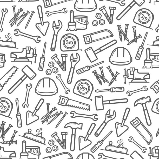 Work tools pattern of hammer, screwdriver, spanner Work tools seamless pattern background of house repair and construction vector design. Screwdriver, hammer and spanner, paint, brush and trowel, tape measure, wrench, screws and hard hat backdrop work tool stock illustrations