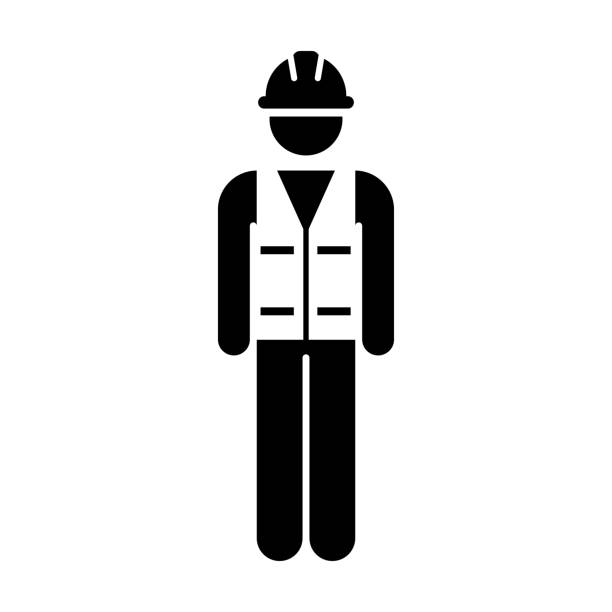 ikona pracownika vector mężczyzna service person of building construction workman with hardhat kask i kurtka w glifie pictogram symbol - builder stock illustrations