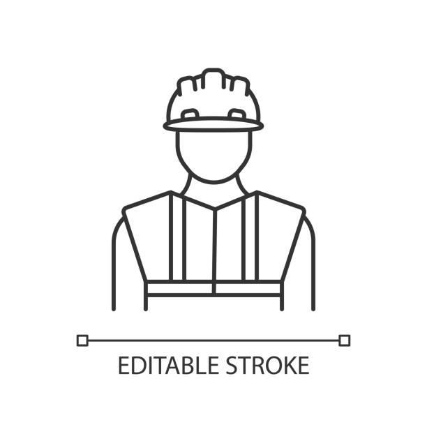 균일 한 픽셀 완벽한 선형 아이콘의 작업자. 하드 햇의 건설 빌더. 안전 헬멧. 얇은 선 사용자 정의 일러스트레이션. 윤곽 기호입니다. 벡터 격리 된 윤곽선 도면입니다. 편집 가능한 스트로크 - construction worker stock illustrations