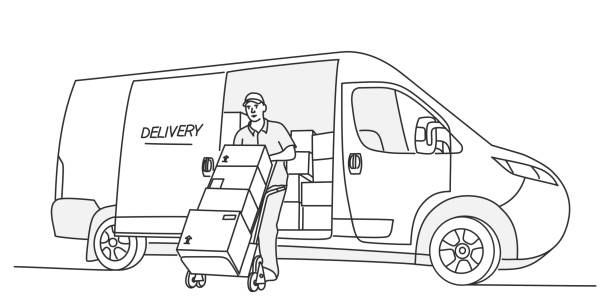 illustrazioni stock, clip art, cartoni animati e icone di tendenza di lavoratore che scarica merci dal furgone. servizio di consegna e logistica dei trasporti. - scarico auto