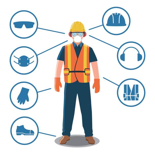 Worker with Personal Protective Equipment and Safety Icons Personal protective equipment protective workwear stock illustrations