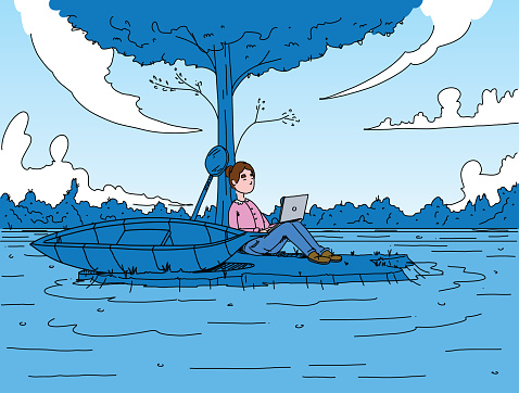 Worker working remotely on a small island, in the middle of a calm river, boat pulled to the side, wide nature surrounding them. Illustration with simple, flat bold blue colors.