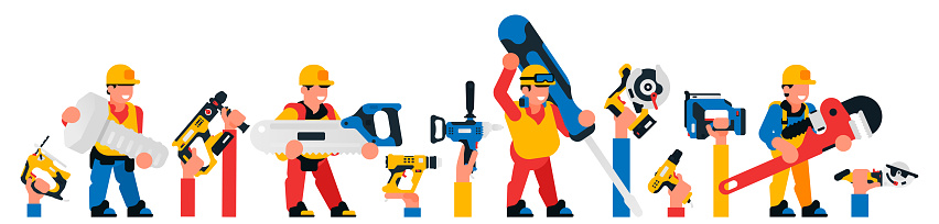 Workers and construction tools. Hands holding a power tool. Screwdriver, jigsaw, saw, dryer, gas wrench, circular saw, nailer, bolt, rotary hammer drill. Vector illustration of an electric tool