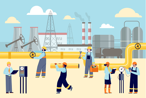 Workers in helmets and uniforms at oil production plant. Vector flat cartoon illustration of factory staff characters on background of buildings and pipes.