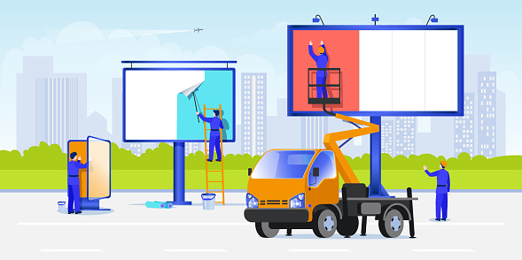 Workers mount posters using stairs and aerial work platforms. Street advertising on a billboard. Vector illustration