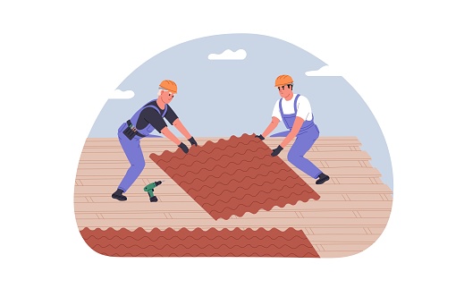 Workers on roof during house construction, renovation. Builders in helmets installing, laying shingle tiles on buildings rooftop. Work at height. Flat vector illustration isolated on white background