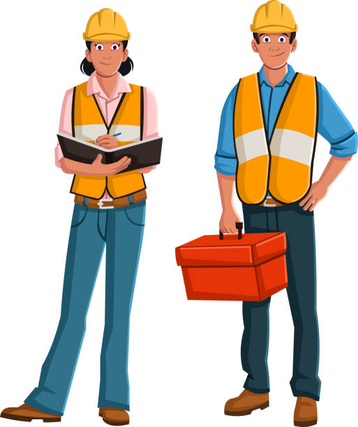 Workers wearing safety vest and helmet. Workers wearing safety vest and helmet. Worker with working tool box. construction worker safety checklist stock illustrations