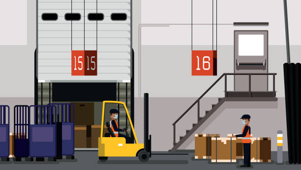 Workers work inside a warehouse, downloading the contents of a container, inventory management, zone picking vector art illustration
