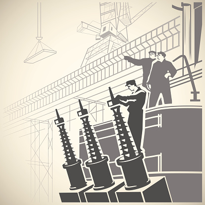 Construction workers setting up equipment and observing the vast building site retro vector illustration