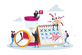 Workflow Organization. Tiny Office Employee Characters Overload at Work with Docs. Managers with Huge Steak of Documents and Alarm Clock, Boss Yelling at Workplace. Cartoon People Vector Illustration