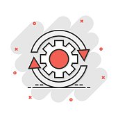 istock Workflow process icon in comic style. Gear cog wheel with arrows vector cartoon illustration pictogram. Workflow business concept splash effect. 1309682293