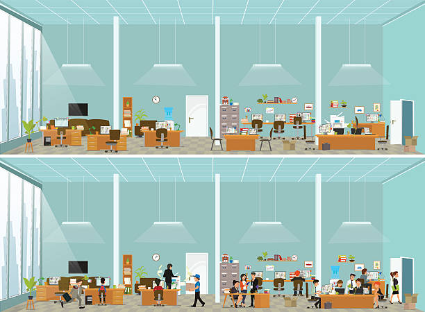 working atmosphere in the office. crazy office. working atmosphere in the office. coordinated work in friendly team in the office. modern office. vector illustration of a flat style. modern office stock illustrations