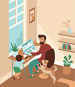 Busy father working from home with kids and dog. stay at home and social distancing to avoid virus pandemic spreading. Flat vector illustration