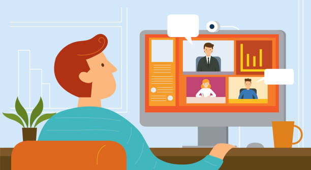 ilustrações de stock, clip art, desenhos animados e ícones de working from home, video conference - businessman train working
