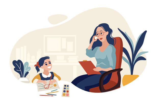 Working mother with daughter flat vector illustration Working mother with daughter flat vector illustration. Career mum. Busy mummy. Work at home mom. Kid drawing at parent office. Woman talking on phone. Businesswoman cartoon color character mother clipart stock illustrations