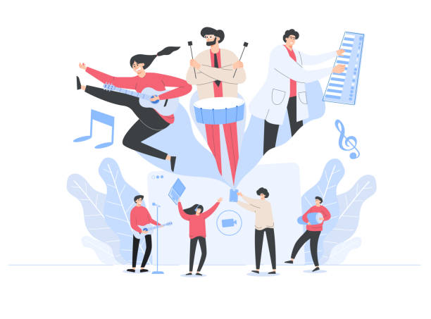 Working on music by musicians web template, cartoon style Screen web template for mobile phone, landing page, template, UI, web, mobile app, poster, banner, flat Vector illustration vector art illustration