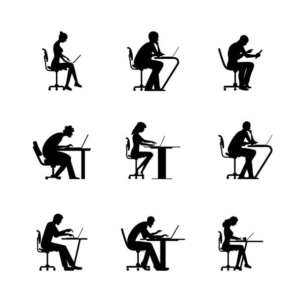 Working people icon collection Working people icon collection. Men and women are sitting and working on desk. Silhouette people illustration set. writing activity silhouettes stock illustrations