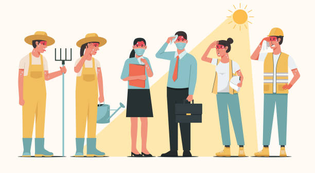 working people standing together in sunny weather and having heatstroke symptoms vector art illustration