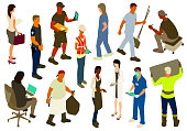 13 illustrations of people working in various jobs, including: police officer or security guard; delivery person or warehouse worker; construction worker; nurse, physician's assistant, or dental assistant; janitor or custodian; auto mechanic or detailer; dishwasher or restaurant kitchen staff; waitress or barista; doctors and healthcare workers; and sanitation worker. In addition, professionals are dressed to work in offices with the potential to represent legal, financial, technology, or other similar professions. Some use tablets and other technology devices. All are shown in isometric view on a white background.