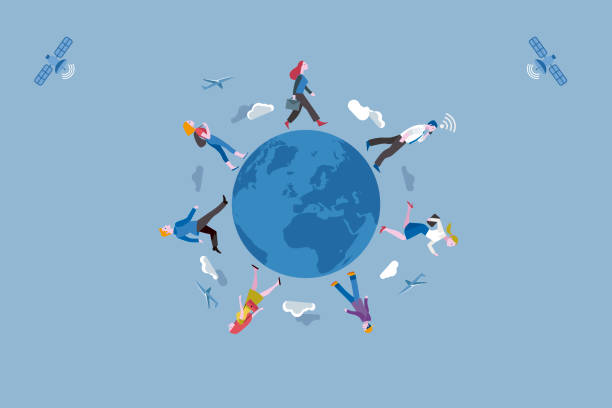 Working people traveling along the Earth globe Group of working people traveling along the Earth globe. Conceptual illustration metaphor of globalization and labor mobility. global communications illustrations stock illustrations