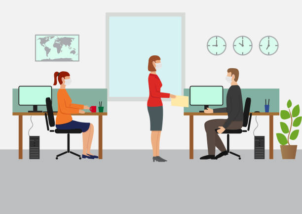 Social Distancing at the Office.Workers Working with Mask, Side view ,talking , flat design illustration vector