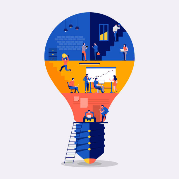 Workingspace create idea Illustrations flat design concept working space building icon light bulb. Create by small business people working inside. Vector illustrate. new illustrations stock illustrations