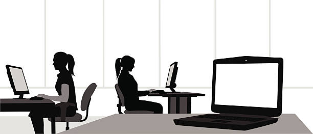 WorkOriented Two young women work at their computers.  A lop top sits unoccupied on a table in the foreground. computer silhouettes stock illustrations