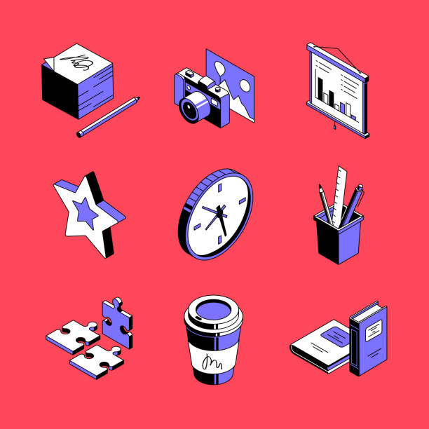 Workplace accessories - colorful vector isometric icons set Workplace accessories - colorful vector isometric icons set. Creative job, modern office idea 3d thin line objects. Puzzle pieces, stationery, books. Camera and photograph isolated outline images clock photos stock illustrations