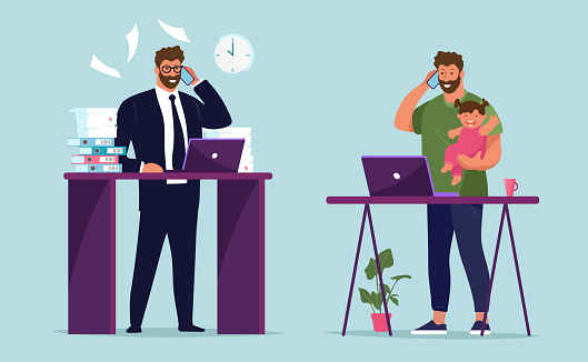 Workplace businessman in the office. A man with a phone and a child in his arms at a remote work from home. The concept of career growth, work and family, freelance and work in a company. Flat vector illustration.