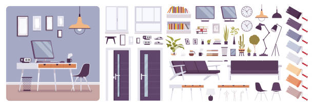 Workplace construction set Workplace modern interior, home or office room creation set, working space kit with furniture, constructor elements to build your own design. Cartoon flat style infographic illustration, color palette office borders stock illustrations