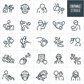 A set of workplace health and safety icons that include editable strokes or outlines using the EPS vector file. The icons include a utility worker working on a telephone wire while wearing a hard hat, a worker with injured back, sick worker sneezing into tissue, construction worker being injured by being hit with the bucket of an excavator, worker hurting back while lifting box, worker with hard hat and safety glasses, electrical engineer wearing a hard hat while working, face mask, worker inspecting work conditions, construction worker being injured by a rock slide, worker wearing hazmat suit spraying disinfectant, hand wiping surface, worker slipping and falling on water at work, worker getting temperature checked, forklift operator crashing forklift, hands washing with soap and water, safety checklist, construction worker wearing hardhat, face mask and safety vest, worker falling from rooftop, worker using fire extinguisher to put out fire, construction worker falling on job site and a construction worker holding a traffic stop sign.