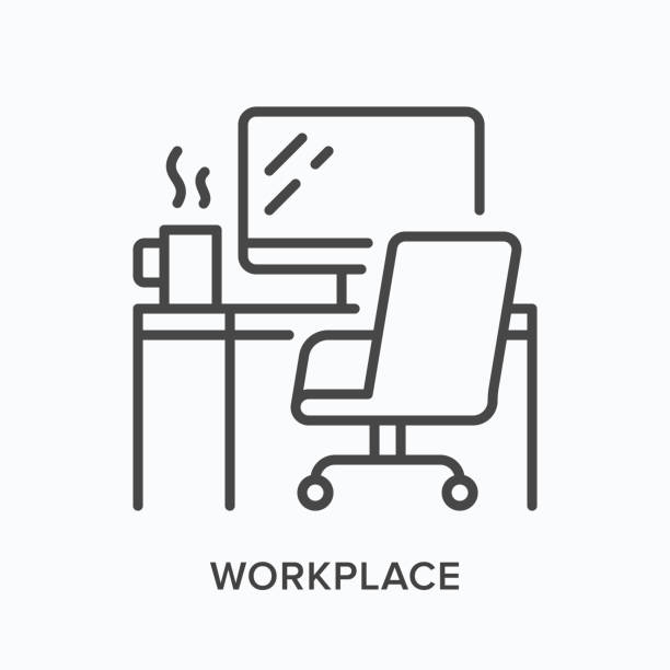 illustrazioni stock, clip art, cartoni animati e icone di tendenza di icona della linea del posto di lavoro. illustrazione vettoriale tavolo, monitor per computer, sedia e tazza di caffè. segnale lineare interno dell'area di lavoro - scrivania
