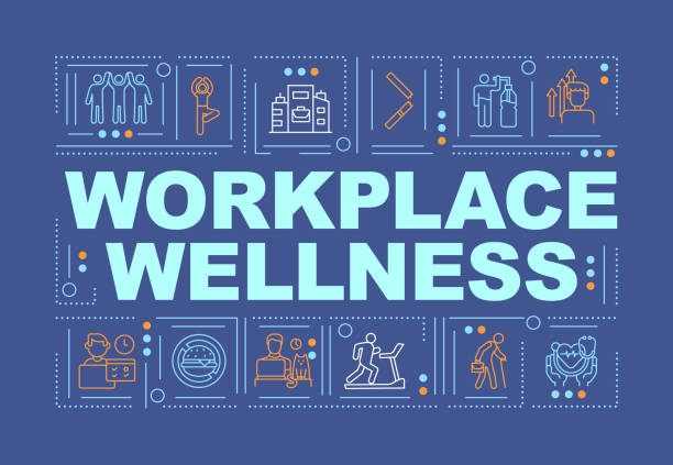 Workplace wellness word concepts banner Workplace wellness word concepts banner. Support healthy life of your company employees. Infographics with linear icons on navy background. Isolated typography. Vector outline RGB color illustration entrepreneur borders stock illustrations