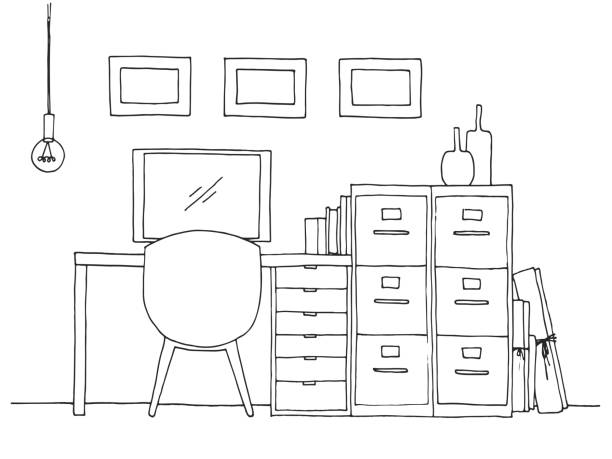 Workplace with a computer. Sketch of the interior. Vector illustration. Workplace with a computer. Sketch of the interior. Vector illustration. office space stock illustrations
