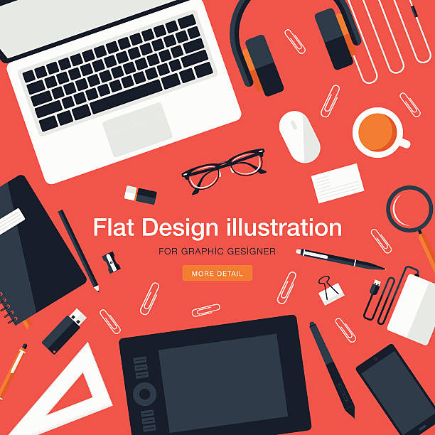 Workspace for graphic designer Flat Equipments For Graphic Designer business cards and stationery stock illustrations