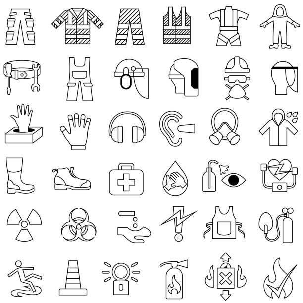 Workwear and Health and Safety Outline Icons Set Single color isolated outline icons of safety and health workwear and equipment safety equipment stock illustrations