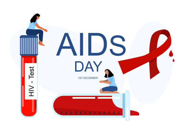 World AiDs day 1st of December. HIV tests for blood.Immunodeficiency virus prevention and diagnostic concept.Awareness ribbon symbol.Tiny people are sitting on laboratory tube.Disease transmission. AIDs prevention, testing and treatment world aids day stock illustrations