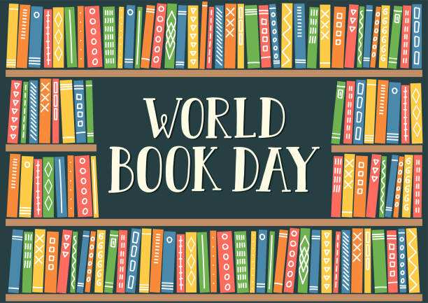 World book day World book day. Bookshelves with hand drawn lettering. drawing of a bookshelf stock illustrations