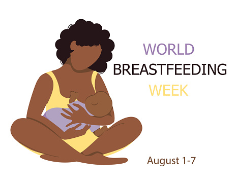 World Breastfeeding Week, August 1-7. Afro woman breastfeeds her newborn baby while holding it in her arms. Lactation. Banner, Mother's Day clip art. The baby drinks milk from a woman's breast