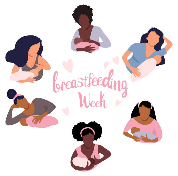 World breastfeeding week illustration.Young women different ethnicities with childs. Lactation concept in various positions.Mom holds her baby. Love and maternity.Hand drawn banner.Newborn eats milk. breastfeeding stock illustrations