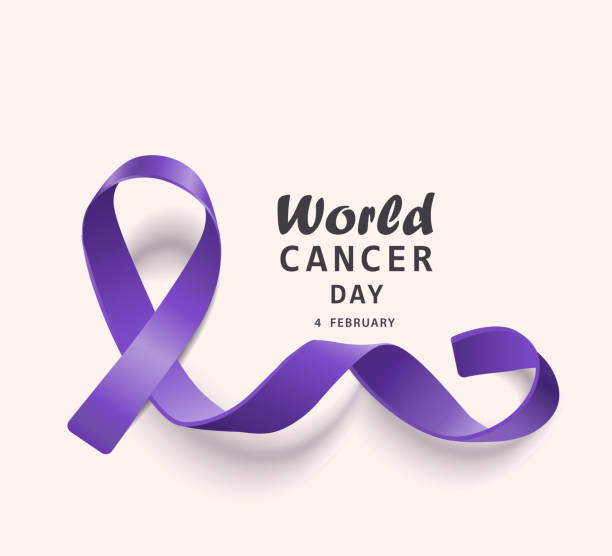 ilustrações de stock, clip art, desenhos animados e ícones de world cancer day banner with curled purple ribbon loop - beleza doentes cancro
