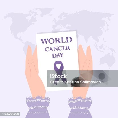 istock World Cancer Day, card with a purple ribbon, a symbol of the day of the fight against cancer, in female hands. 1366791458