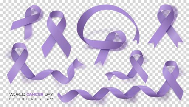 ilustrações, clipart, desenhos animados e ícones de conceito de dia de câncer do mundo. conjunto fita lavanda. ilustração em vetor. - cancer
