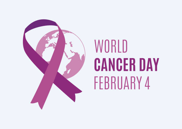 ilustrações de stock, clip art, desenhos animados e ícones de world cancer day poster with purple ribbon and planet earth vector - world cancer day