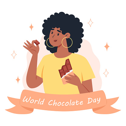 World chocolate day, a young woman eating a bar of chocolate
